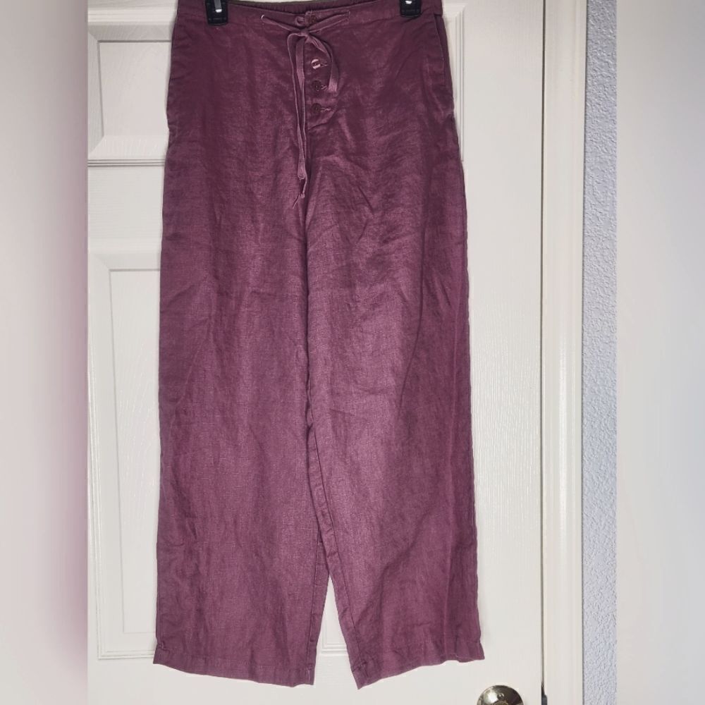 Chadwicks Women's 6P Boysenberry 100%  LINEN Wide Leg Drawstring Women’s Pants